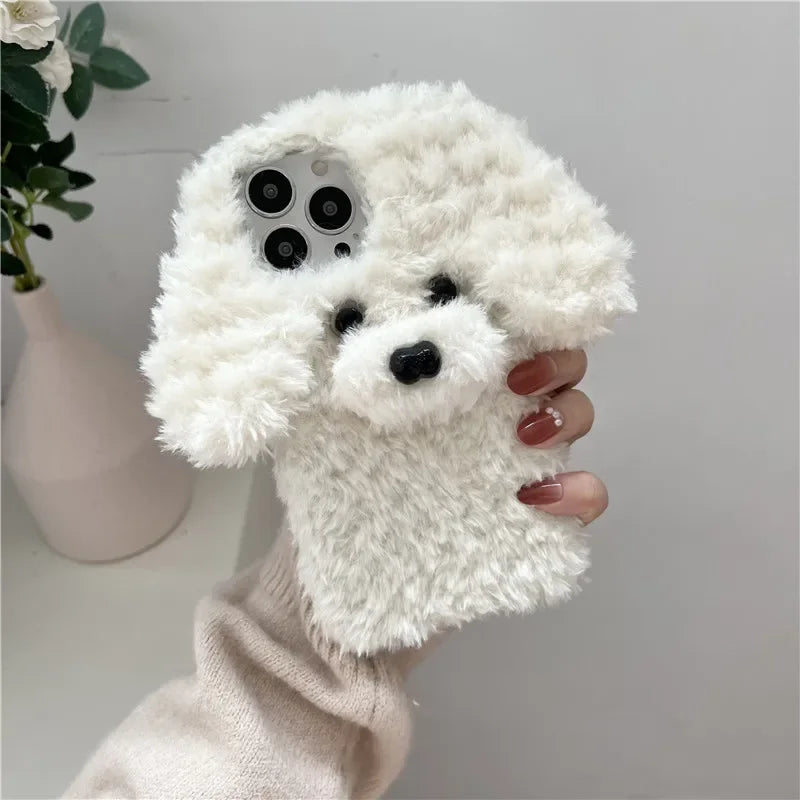 Kawaii 3D Fluffy Teddy Dog Phone Case for iPhone 16/15/14 - Adorable Plush Fur Cover 🐶✨