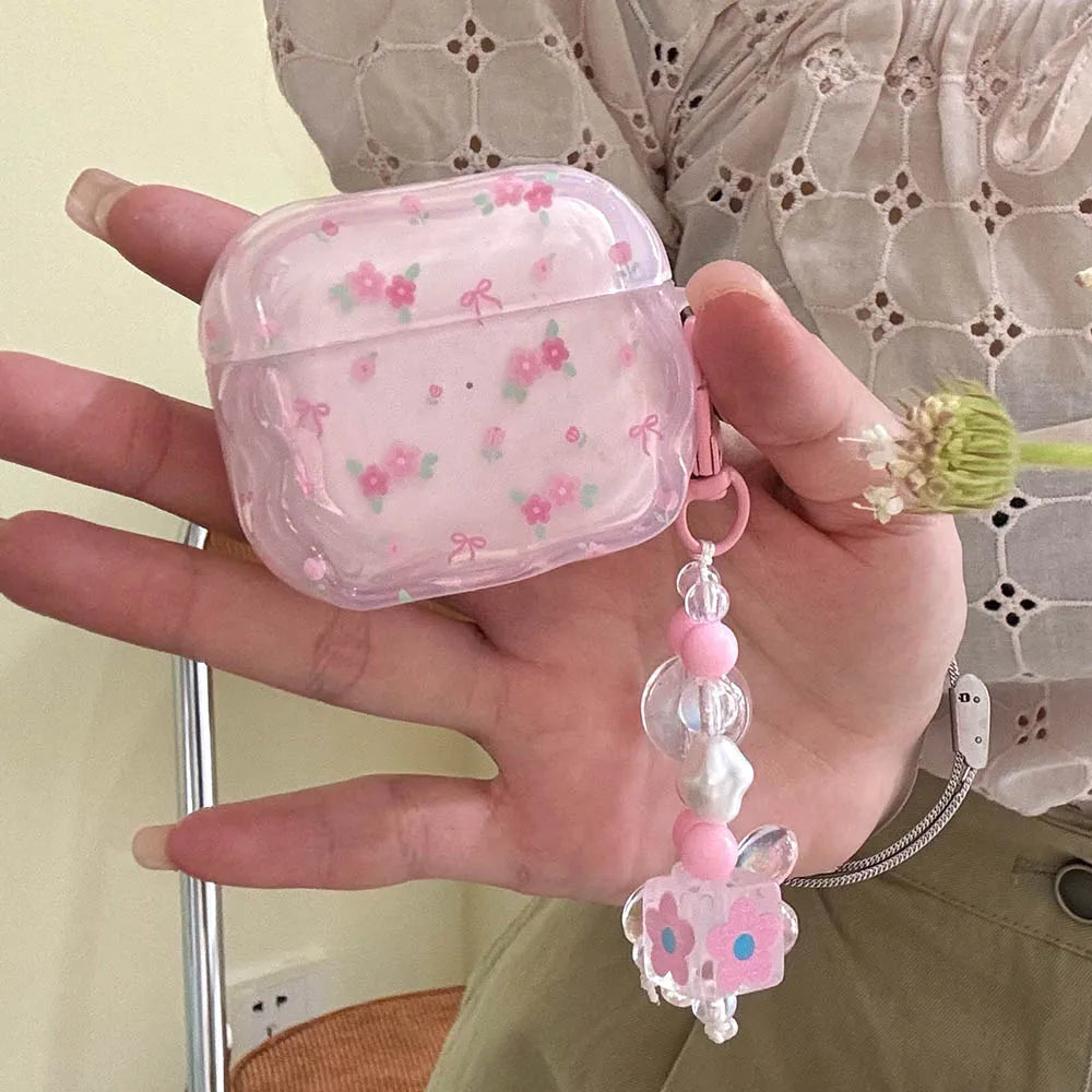Cute Pink Flower Pattern Headphones Case For Airpods Pro 2nd 3rd Generation Soft Cover For AirPods 1 2 3 With Pearl Keychain - Pixie Quill