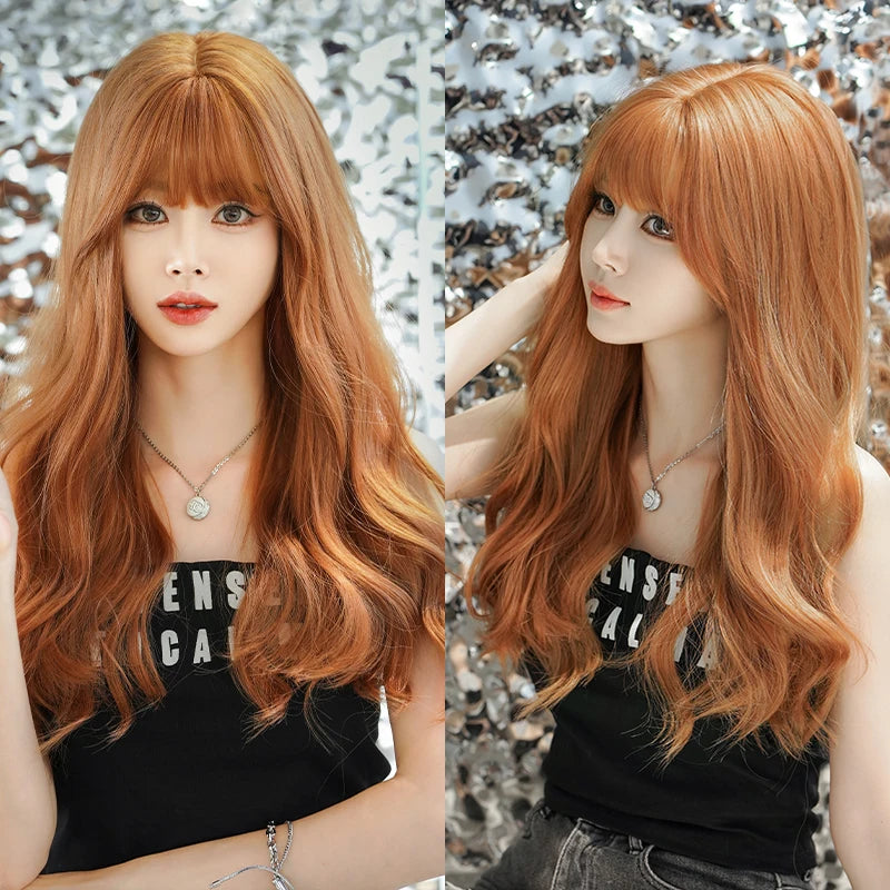Kawaii Dreamy Sakura Pink Wavy Wig 🌸✨ | High-Density Curly Hair with Bangs for Sweet Girls 💖🎀