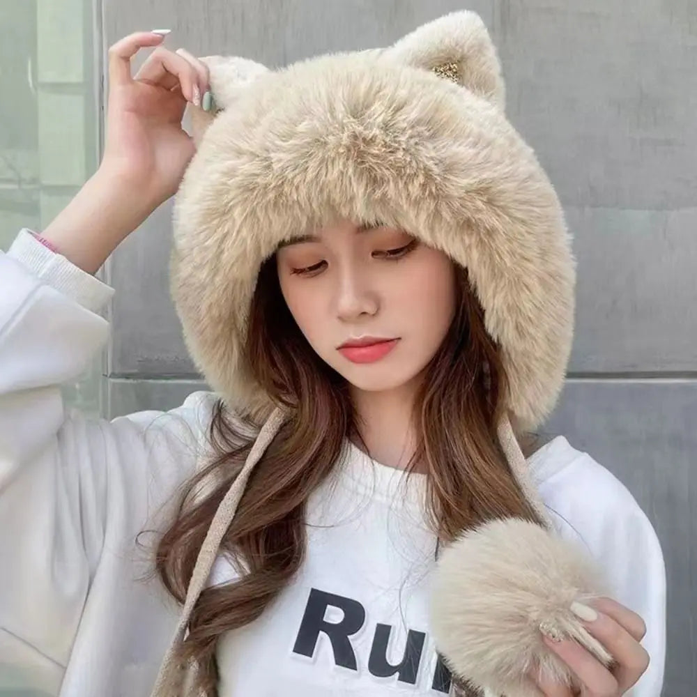 Cozy Cat Ear Beanie Hat For Women Warm Knit Two Fluffy Earflap Snow Beanie 🐱❄️