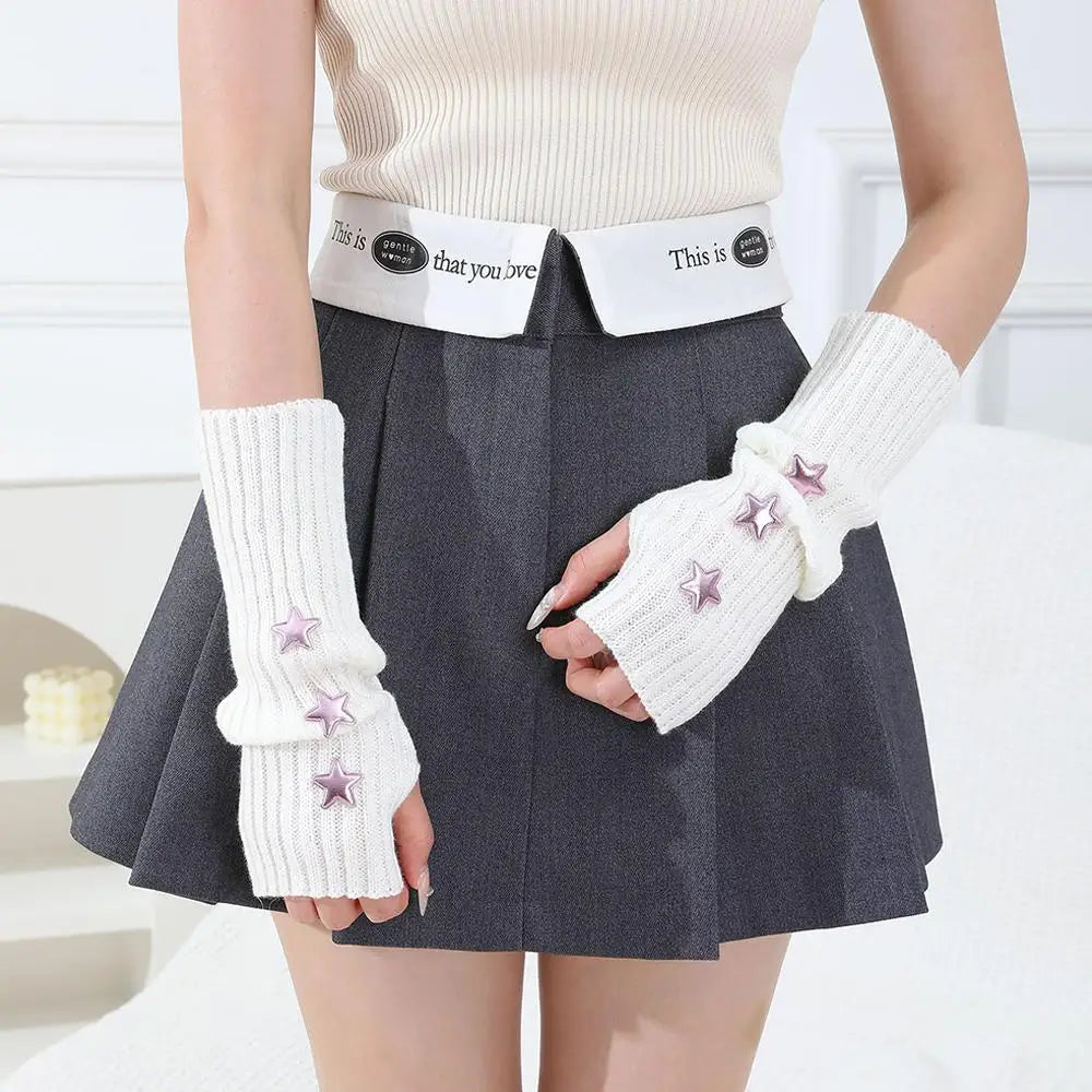 Y2K Fingerless Gloves Women Knitted Arm Warmers Cute Star Decor ⭐ Cozy Winter