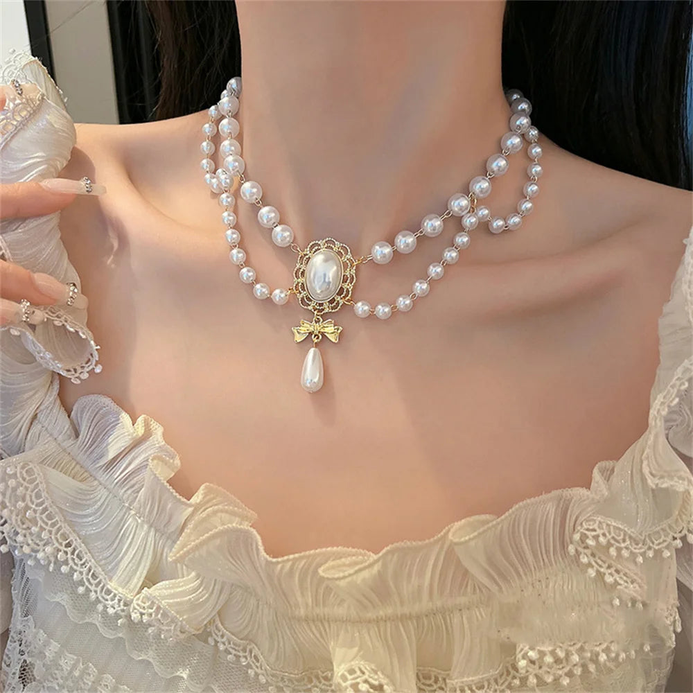 Kawaii Double White Pearl Heart Choker 💖✨ | Adorable Vintage Necklace with Bowknot Pendant for Weddings & Parties!
