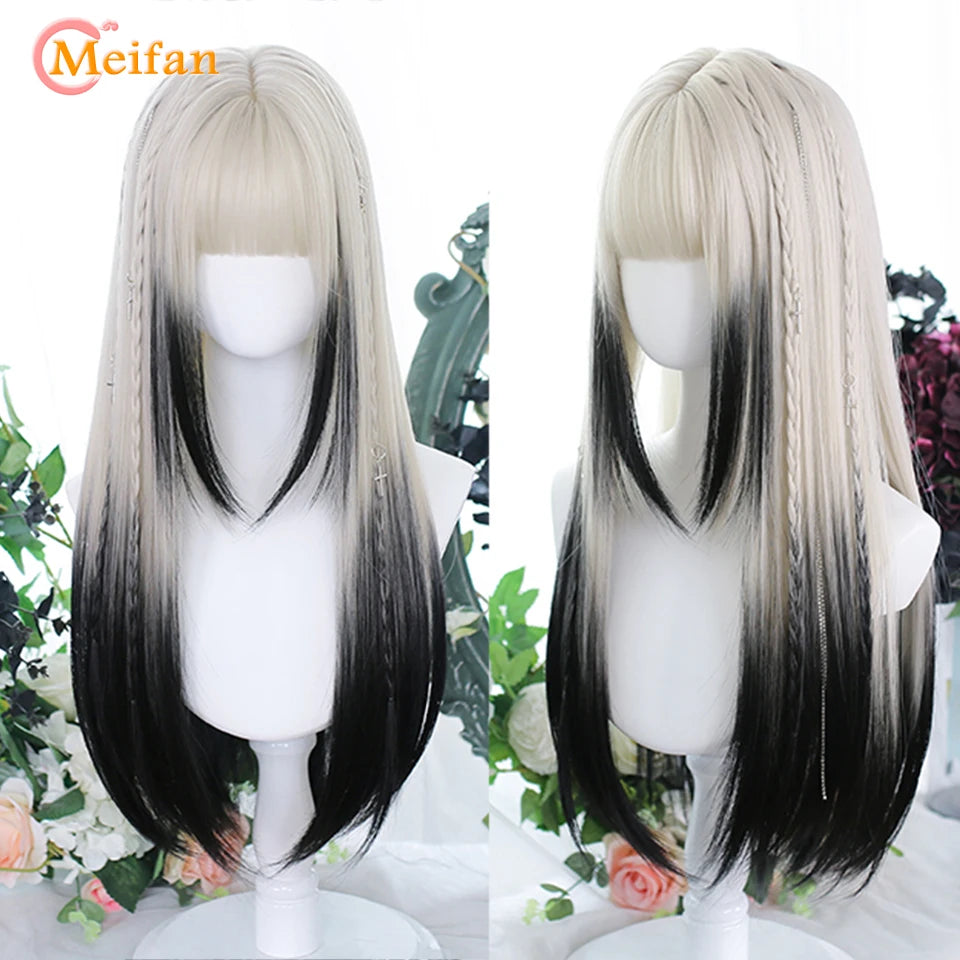 Kawaii Ombre Pink & Blonde Long Straight Wig 🎀✨ - Cute Lolita Cosplay Hair for Parties & Halloween! 🌸🖤