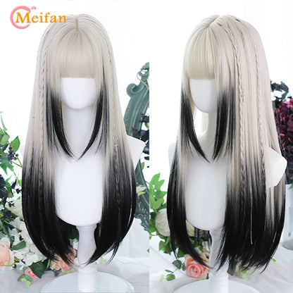 Kawaii Ombre Pink & Blonde Long Straight Wig 🎀✨ - Cute Lolita Cosplay Hair for Parties & Halloween! 🌸🖤