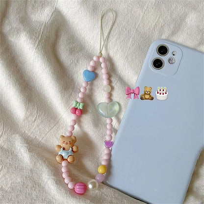 Korean 3D Bear Cherry Heart Beaded Phone Chain Lanyard For All Phones 🧸🍒💖📱