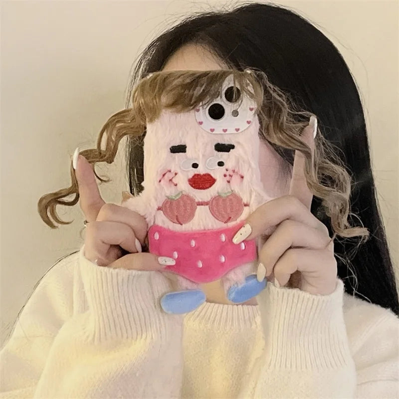 Kawaii Fluffy Cartoon Hair Girls iPhone Phone Case 🌈✨ Cute Plush Cover for iPhone 15/14/13/12/11 Pro Max!