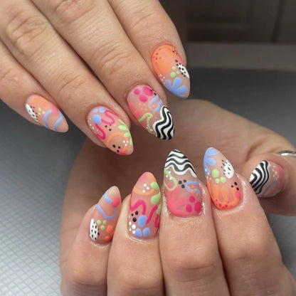 Cute Floral Fantasy 🌸✨ 24pcs Kawaii Press-On Nails - Colorful Almond Shaped Fake Nails for Spring/Summer Fun!