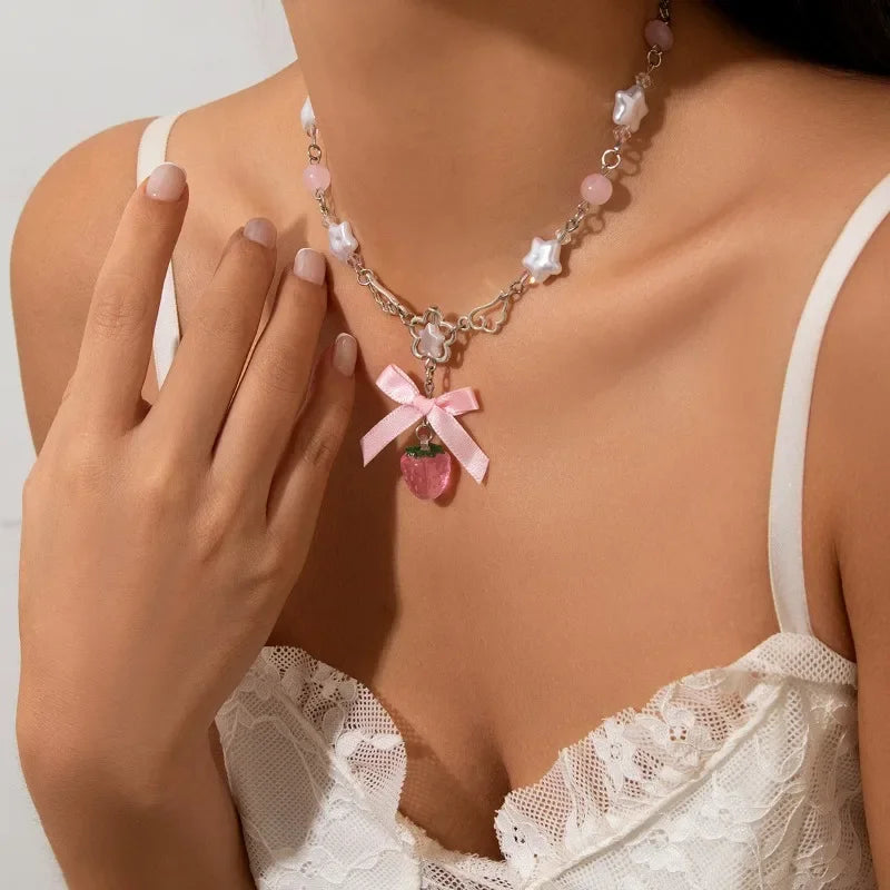 Kawaii Pink Strawberry Bowknot Choker 🍓✨ - Vintage Pentagram Pendant Necklace for Trendy Rave Girls