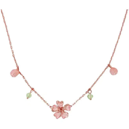 Kawaii Pink Cherry Blossom Crystal Pendant Necklace 🌸✨ | Sweet Flower Charm for Women’s Weddings & Parties 🎉💖