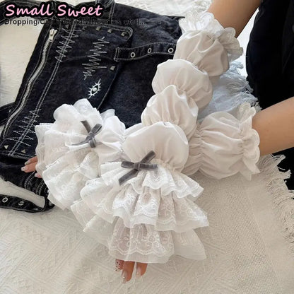 Gothic Lolita Half Finger Arm Warmers With Lace Cuff Gloves For Women 🖤🧶