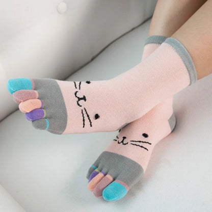 Kawaii Cat Cartoon Five Finger Socks 🐾🎨 | Soft & Colorful Women's Toe Socks for All Seasons 🌈✨