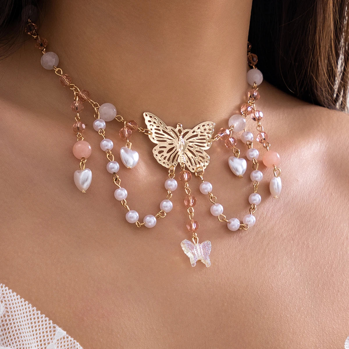 Kawaii Butterfly Love Heart Pendant Necklace ✨🌸 | Y2K Choker with Imitation Pearls & Tassel Charm for Women 🦋💕