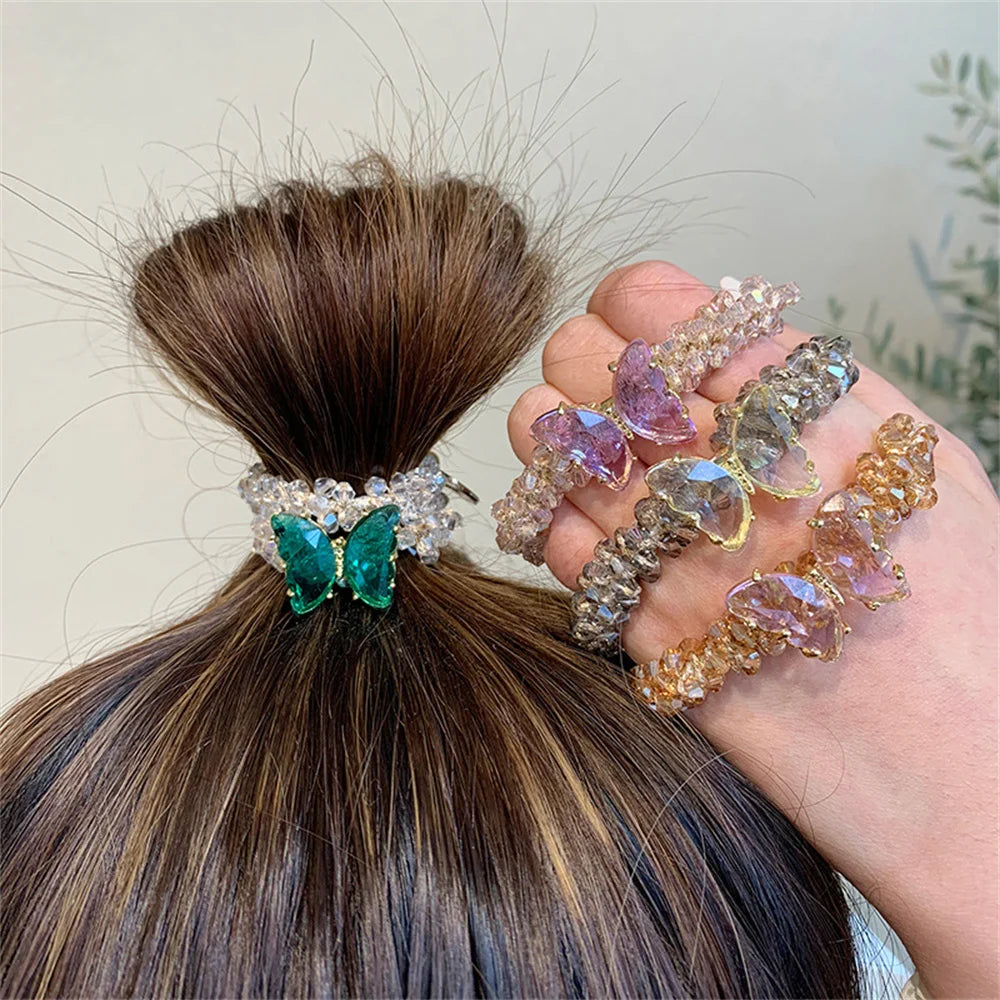 Kawaii Crystal Butterfly Hair Tie 🦋✨ | Luxurious Beaded Elastic Hair Band for Women & Girls | Exquisite Ponytail Accessory 🎀
