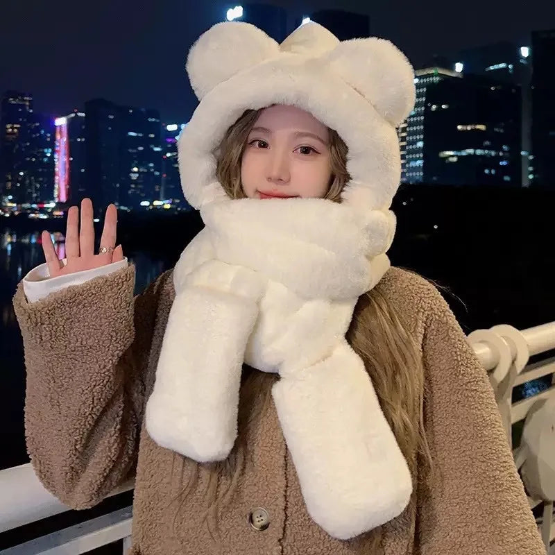 Cozy Winter Bear Ear Hooded Cap Scarf Gloves 3 In 1 Set 🐻❄️🧤