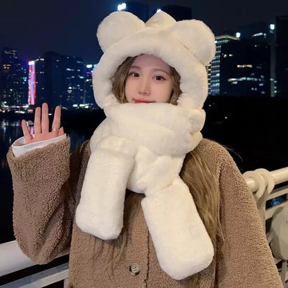 Cozy Winter Bear Ear Hooded Cap Scarf Gloves 3 In 1 Set 🐻❄️🧤