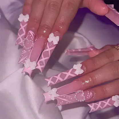 Kawaii Love Pattern Coffin Nails 🎀✨ | 24Pcs Brown French Full Cover Press-On Tips 💅💕