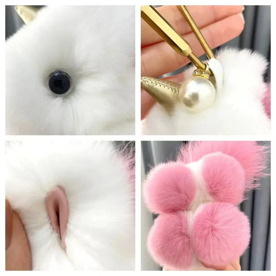 Kawaii Fluffy Unicorn Keychain Charm 🦄✨ Real Rabbit Fur Backpack Clip & Handbag Accessory for Girls & Women