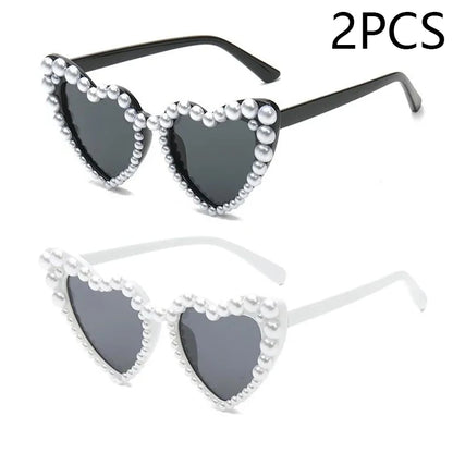 Kawaii Heart-Shaped Shimmering Pearl Sunglasses 💖✨ - Trendy Bling Casual Eyewear for Women 🌸🕶️