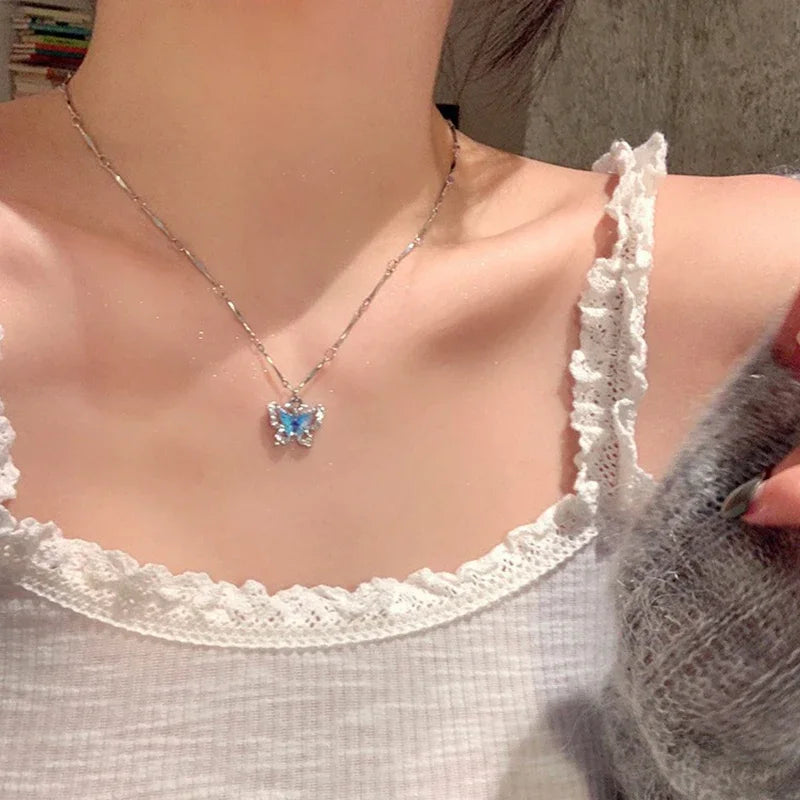 Kawaii Sparkling Blue Butterfly Choker Necklace 🦋✨ | Cute Zircon Pendant for Girls & Women | Perfect Gift for Any Occasion!