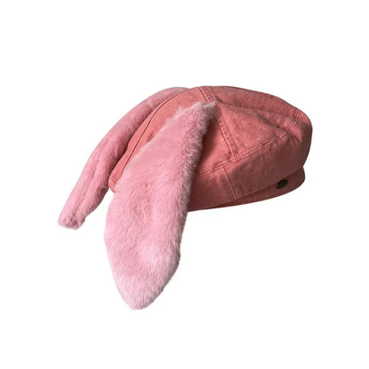 Denim Bunny Ear Beret For Women Winter Hat Cute Casual Cartoon Newsboy Style 🐰