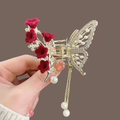 Kawaii Butterfly Pearl Hair Claw 🌸✨ | Cute Red Flower Hairpin for Girls & Women 🎀 | Perfect Festival & Party Accessory!
