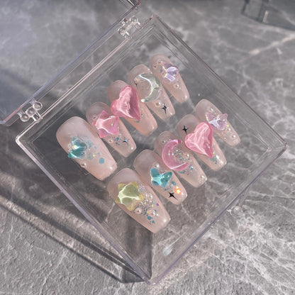 Kawaii 10Pcs Starfish & Rabbit Press-On Nails 🌊🐇✨ | Colorful Handmade Full Cover Nail Tips for a Cute Manicure!
