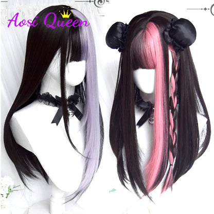 Kawaii Long Black & Red Wavy Wig 💖✨ - Cosplay & Daily Use with Bangs 🎀 | Harajuku Style!