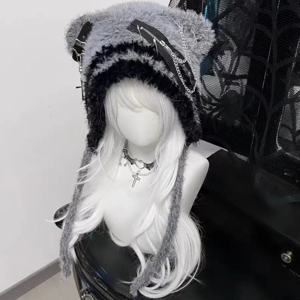 Gothic Harajuku Bear Hat For Women Wool Knit Beanie 🐻 Cross Star Wings Cute
