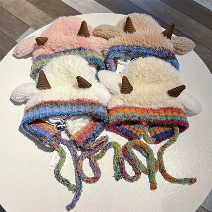 Cute Plush Knit Beanie With Earmuffs Horn Design Winter Hat For Women❄️