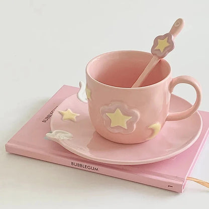 Pink Winged Tea Set ☕🌸 - 3D Star Mug & Saucer with Spoon ✨