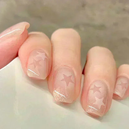 Kawaii Blush Pink Glitter Cat Eye Press-On Nails 💖✨ | 24Pcs Cute Coffin Full Cover Short Square Nail Art Tips