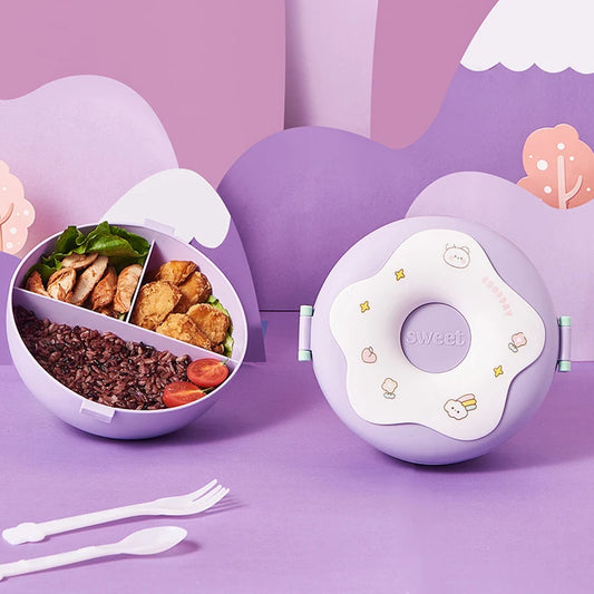Kawaii Donut Cartoon Lunch Box 🍩✨ - Leakproof Bento Box for Kids | 3-Compartment Snack Container with Fork & Spoon 🥄🥗 | Perfect for School & Picnics!