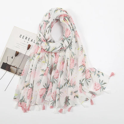 Floral Tassel Shawl For Women Sun Shield Wrap 180x90cm Cotton Viscose Hijab 🌸🧣