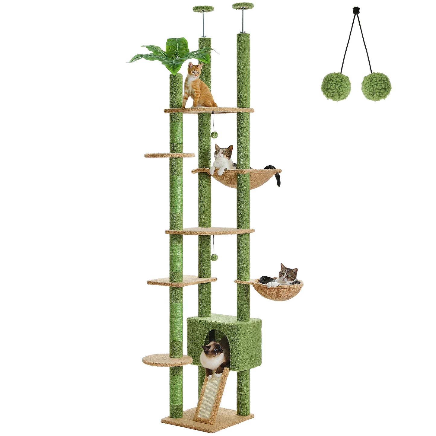 Kawaii Cactus Cat Paradise 🌵🐾 | Adjustable Floor-to-Ceiling Cat Tower with Cozy Hammock & Playful Scratching Post! 🐱✨