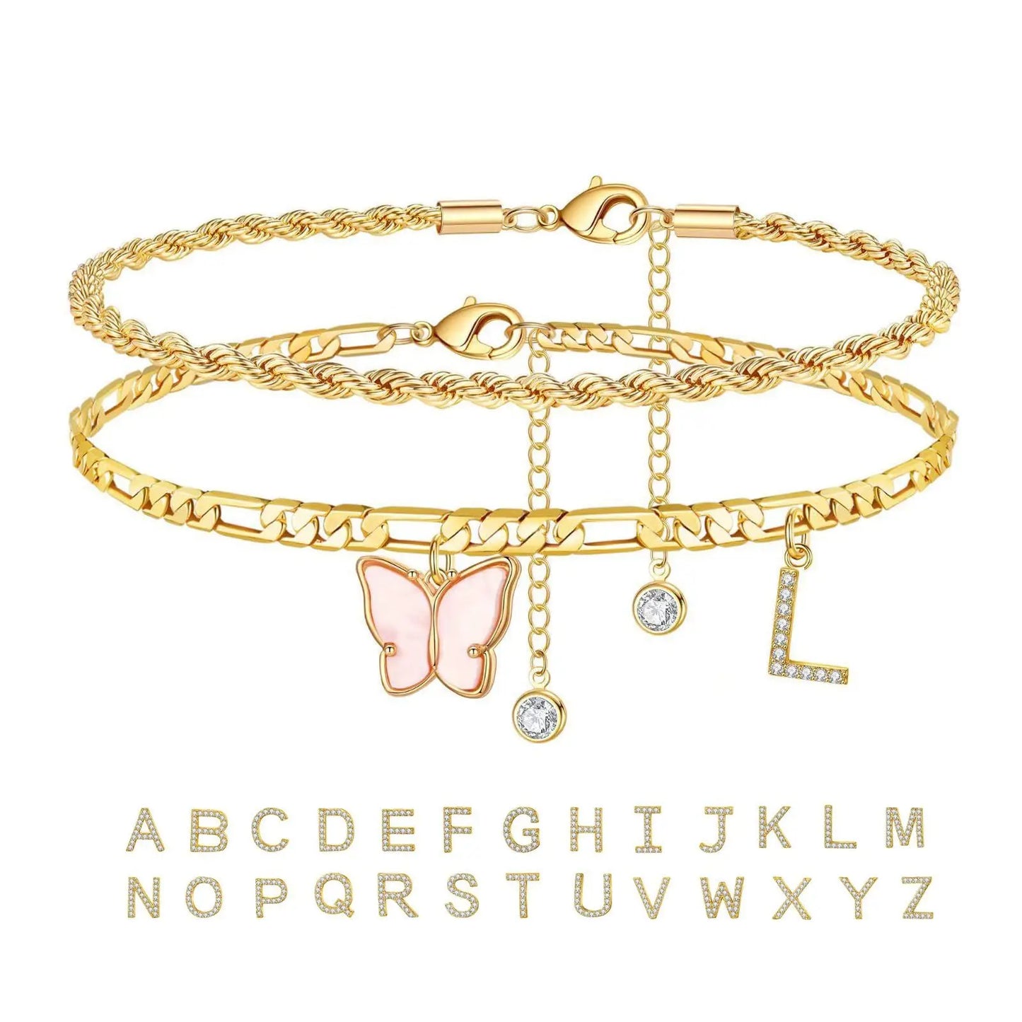 Kawaii 2Pcs Stainless Steel Initial Anklet Set 🌼✨ | 26 Letter Acrylic Butterfly Charm Foot Jewelry 🦋💖