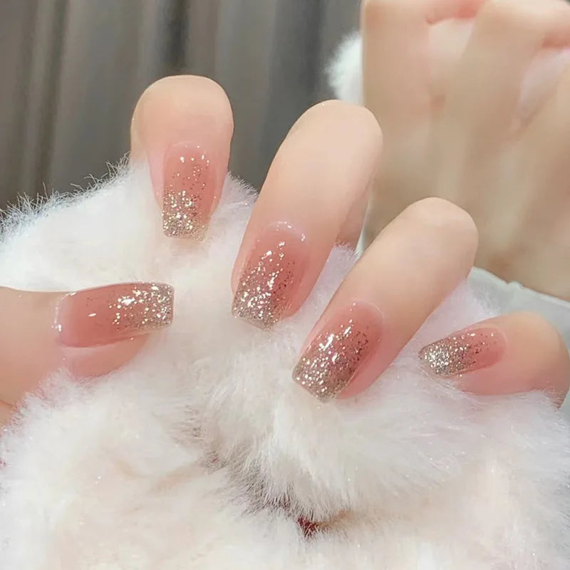 Kawaii Blush Pink Glitter Cat Eye Press-On Nails 💖✨ | 24Pcs Cute Coffin Full Cover Short Square Nail Art Tips