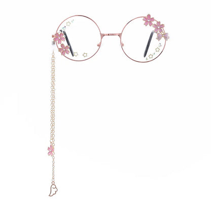 Kawaii Round Glasses with Sakura Chain 🌸✨ Cute Retro Eyewear for Cosplay & Daily Wear 👓💖