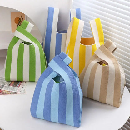 Kawaii Knitted Stripe Wrist Bag 🌈✨ | Adorable Large-Capacity Tote for Trendy Shopping 👜💕