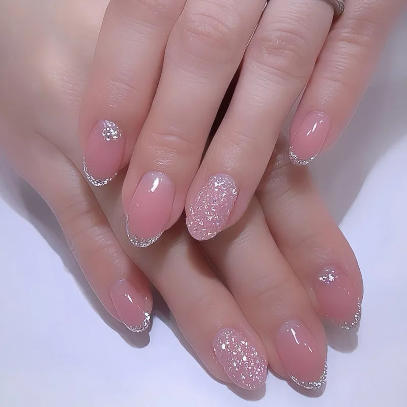 Kawaii Pink Bow French Nail Art - 24PC Almond Press-On Nails 🎀💅✨