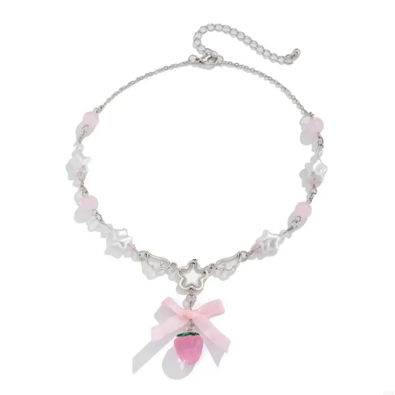 White Pentagram Strawberry Choker Necklace With Bowknot Charm 🍓🎀