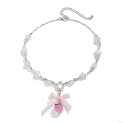 White Pentagram Strawberry Choker Necklace With Bowknot Charm 🍓🎀