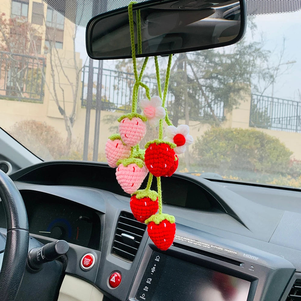 Kawaii Strawberry Blossom Car Mirror Charm 🌸🍓 | Adorable Rear View Decor for Teens & Gifts! 🎁✨