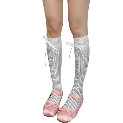 Sweetheart Striped Thigh High Fishnet Socks 💖👗 - Ruffled Lace Over Knee Stockings for Cute Fashionistas! 🌟✨ - Pixie Quill