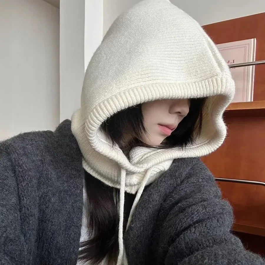 Knit Hooded Balaclava Beanie For Women Warm Winter Korean Style Drawstring 🐰