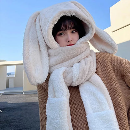 🥰 Kawaii Plush Rabbit Ears 3-Piece Winter Hat & Scarf Set 🐰✨