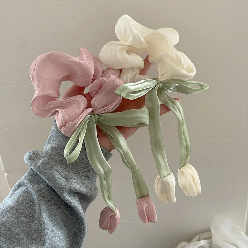 Charming Tulip Bow Scrunchies 🌸✨ Cute Hair Ties for Stylish Girls! 🎀💖 - Pixie Quill