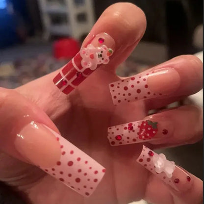 Kawaii Strawberry Bear Nail Art Set 🍓🐻 | 24 Adorable False Nails for Women & Girls ✨