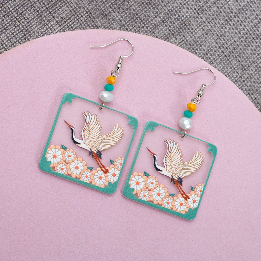 Transparent Square Acrylic Earrings With Crane Flower Design Geometric Drop 🌸