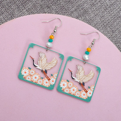 Transparent Square Acrylic Earrings With Crane Flower Design Geometric Drop 🌸