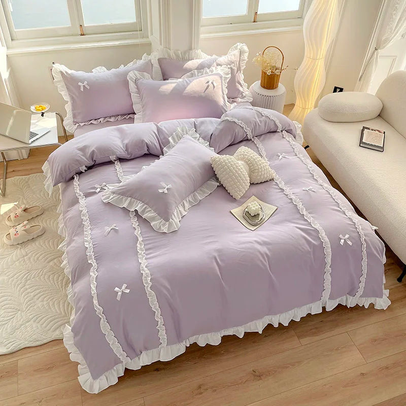 Kawaii Princess Dreamland Bedding Set with Lace & Bowknot Accents 🌸✨